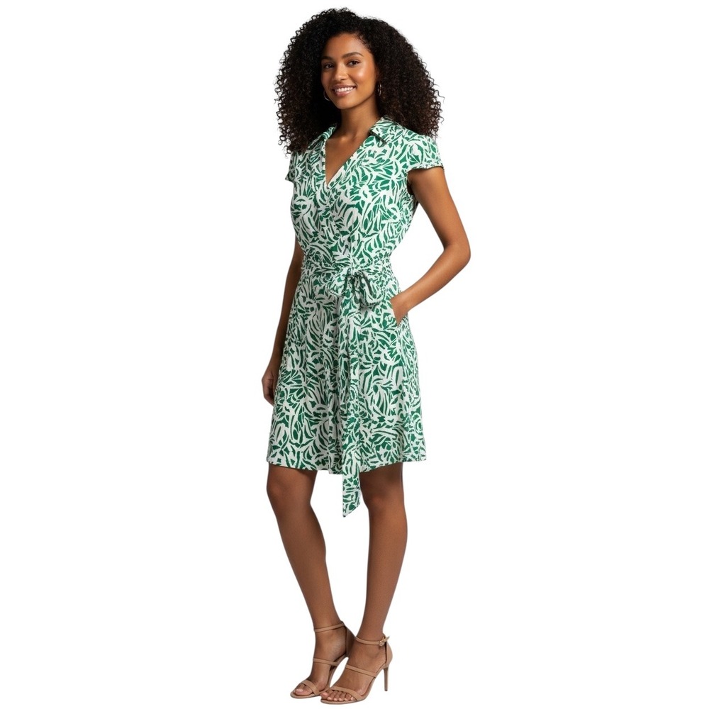 Tahari Arthur S. Levine Green White Abstract Leaf Faux Wrap Dress Womens 4